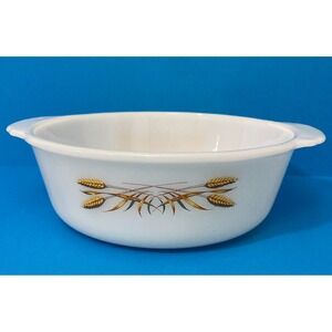 MCM Fire-King Wheat Pattern Casserole Dish Milk Glass with Gold Grain Design